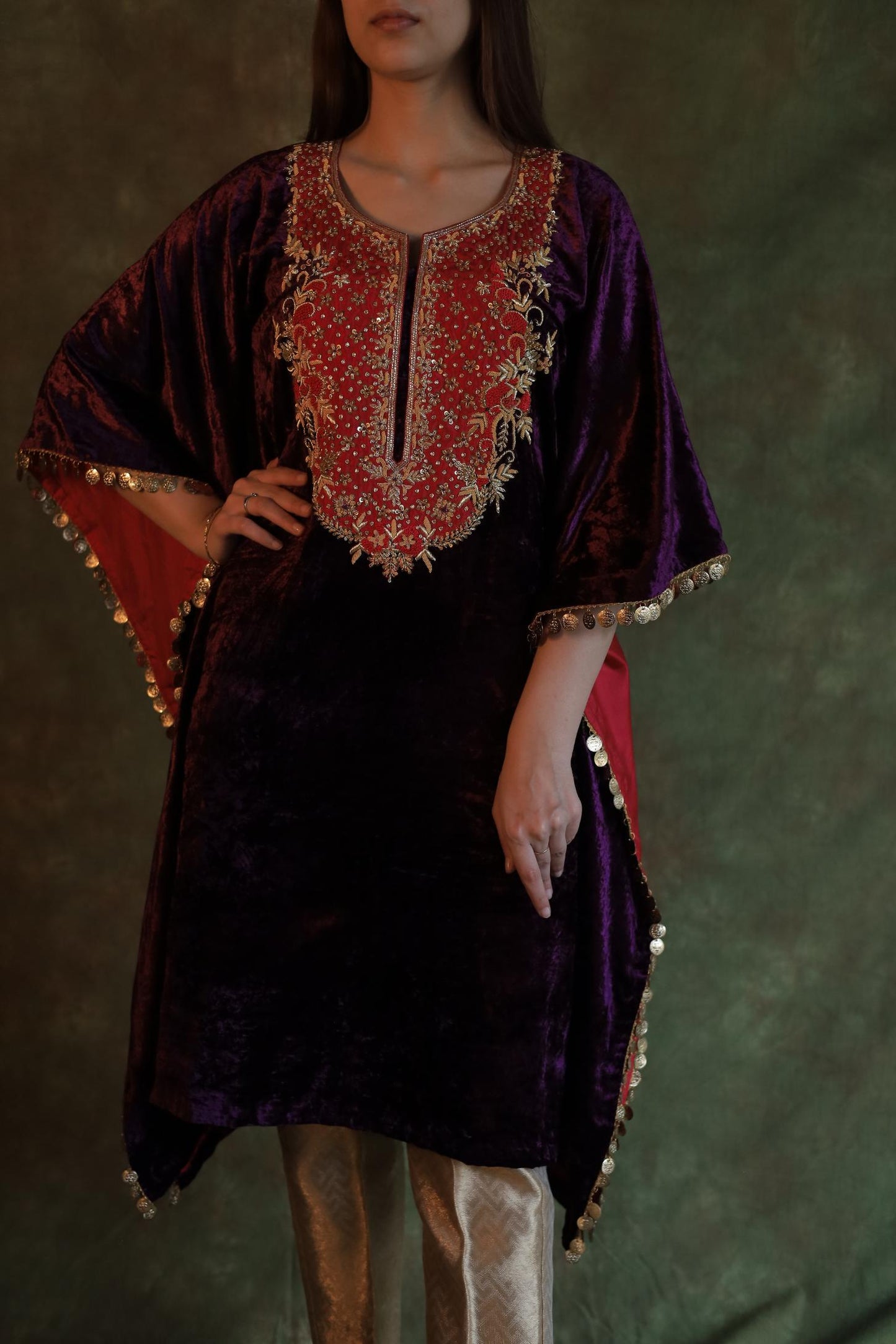 Purple | Silk Velvet Zardozi Kaftan