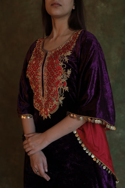 Purple | Silk Velvet Zardozi Kaftan