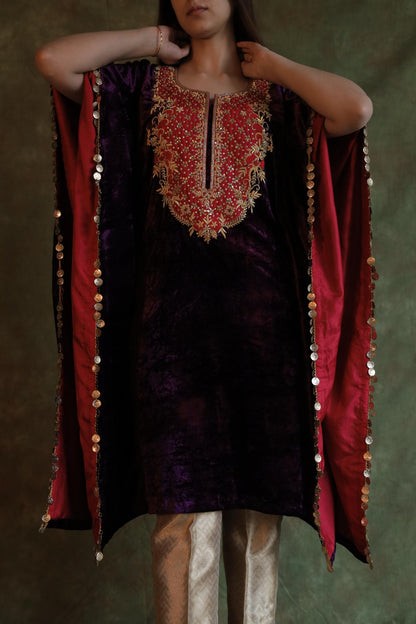 Purple | Silk Velvet Zardozi Kaftan