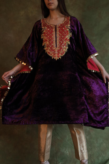 Purple | Silk Velvet Zardozi Kaftan