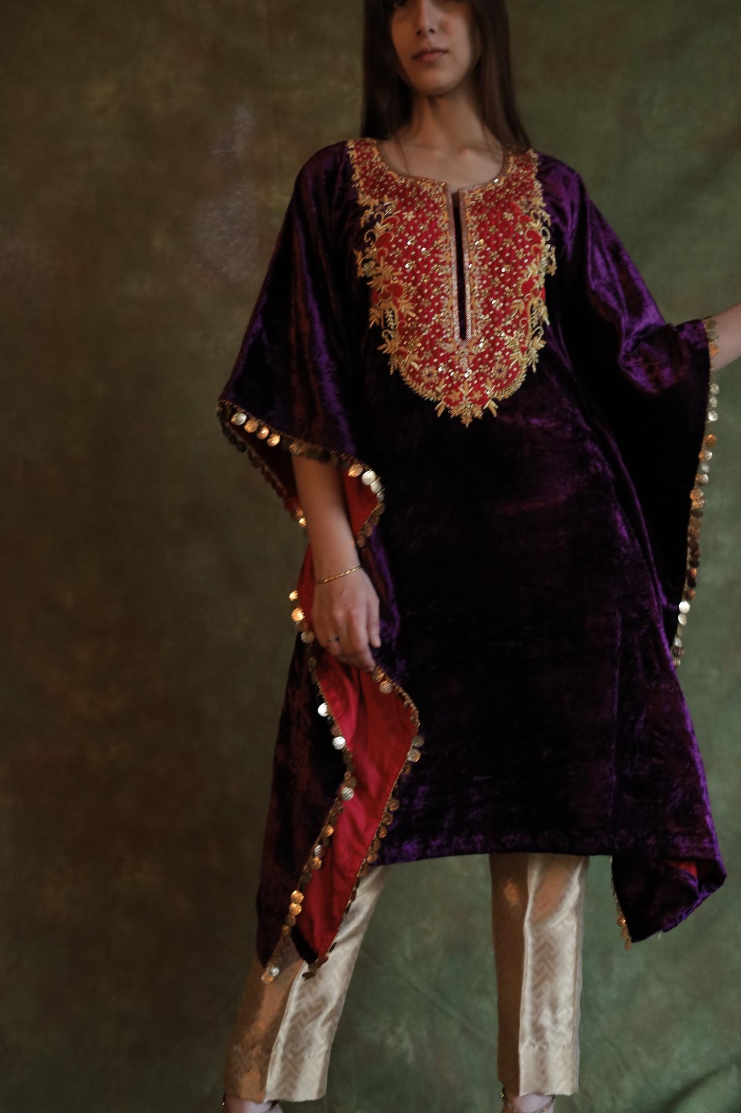Purple | Silk Velvet Zardozi Kaftan