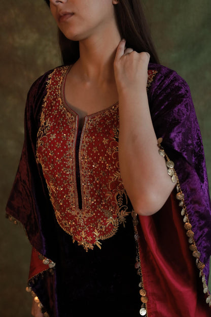 Purple | Silk Velvet Zardozi Kaftan