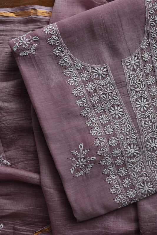 Purple Taupe Mal Cotton Chikankari Unstitched Fabrics With Kamdani