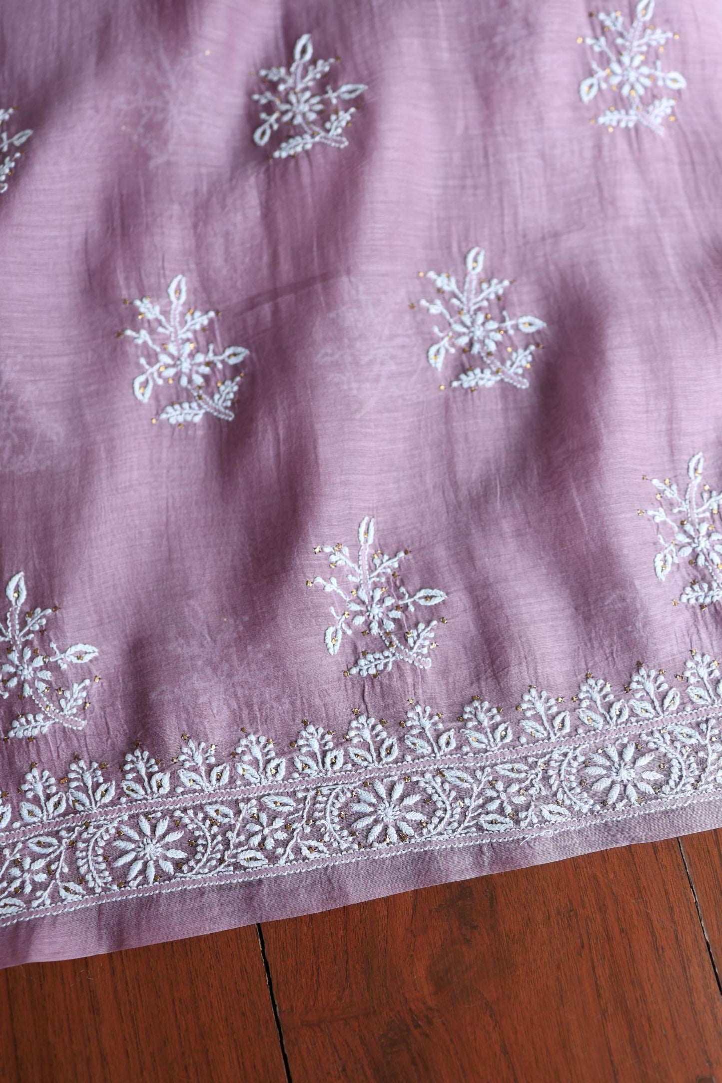 Purple Taupe Mal Cotton Chikankari Unstitched Fabrics With Kamdani