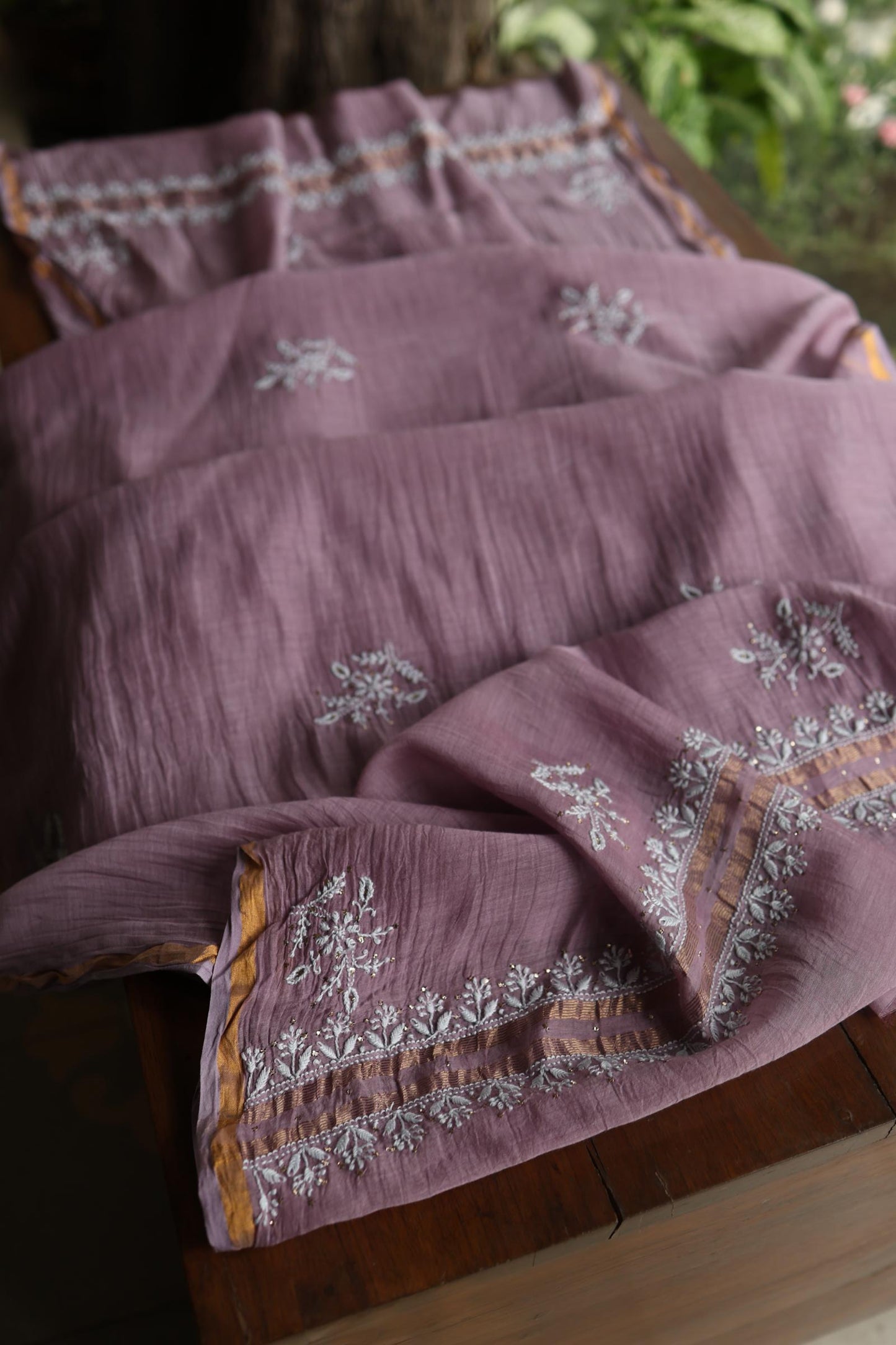 Purple Taupe Mal Cotton Chikankari Unstitched Fabrics With Kamdani