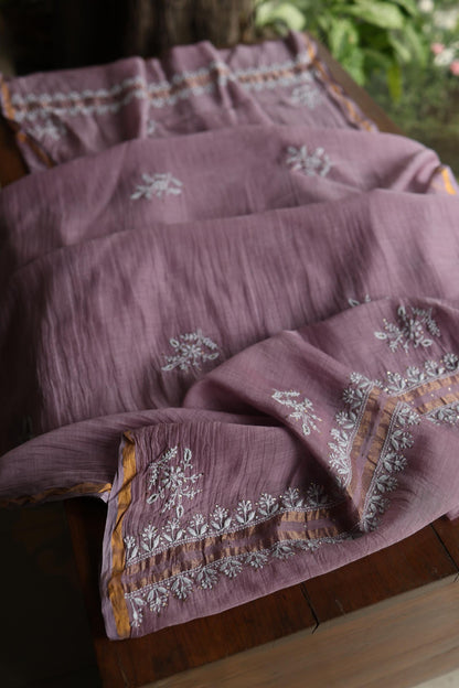 Purple Taupe Mal Cotton Chikankari Unstitched Fabrics With Kamdani