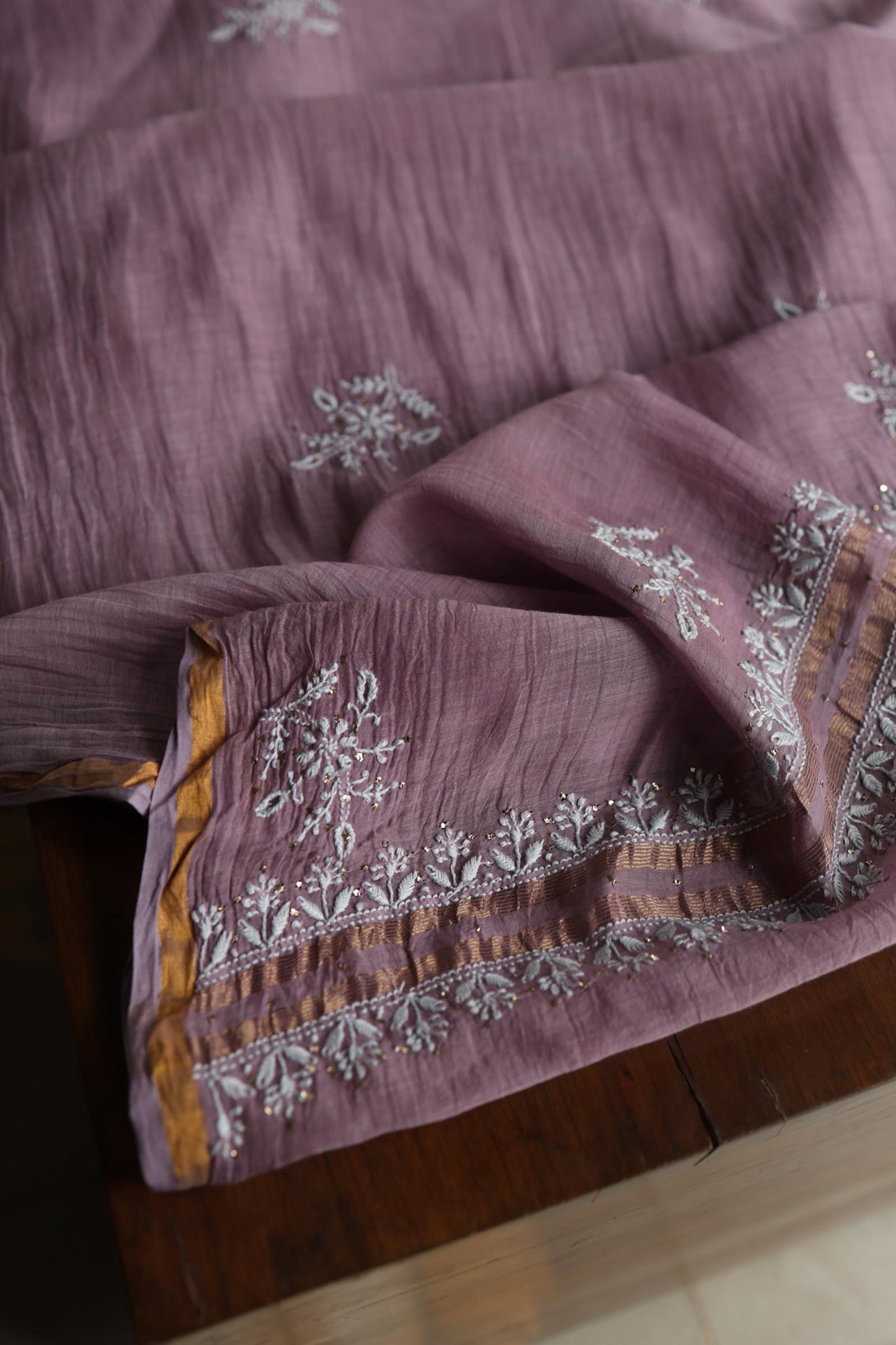 Purple Taupe Mal Cotton Chikankari Unstitched Fabrics With Kamdani