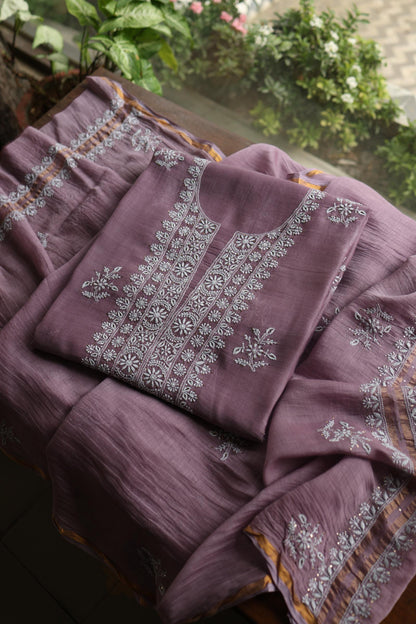 Purple Taupe Mal Cotton Chikankari Unstitched Fabrics With Kamdani