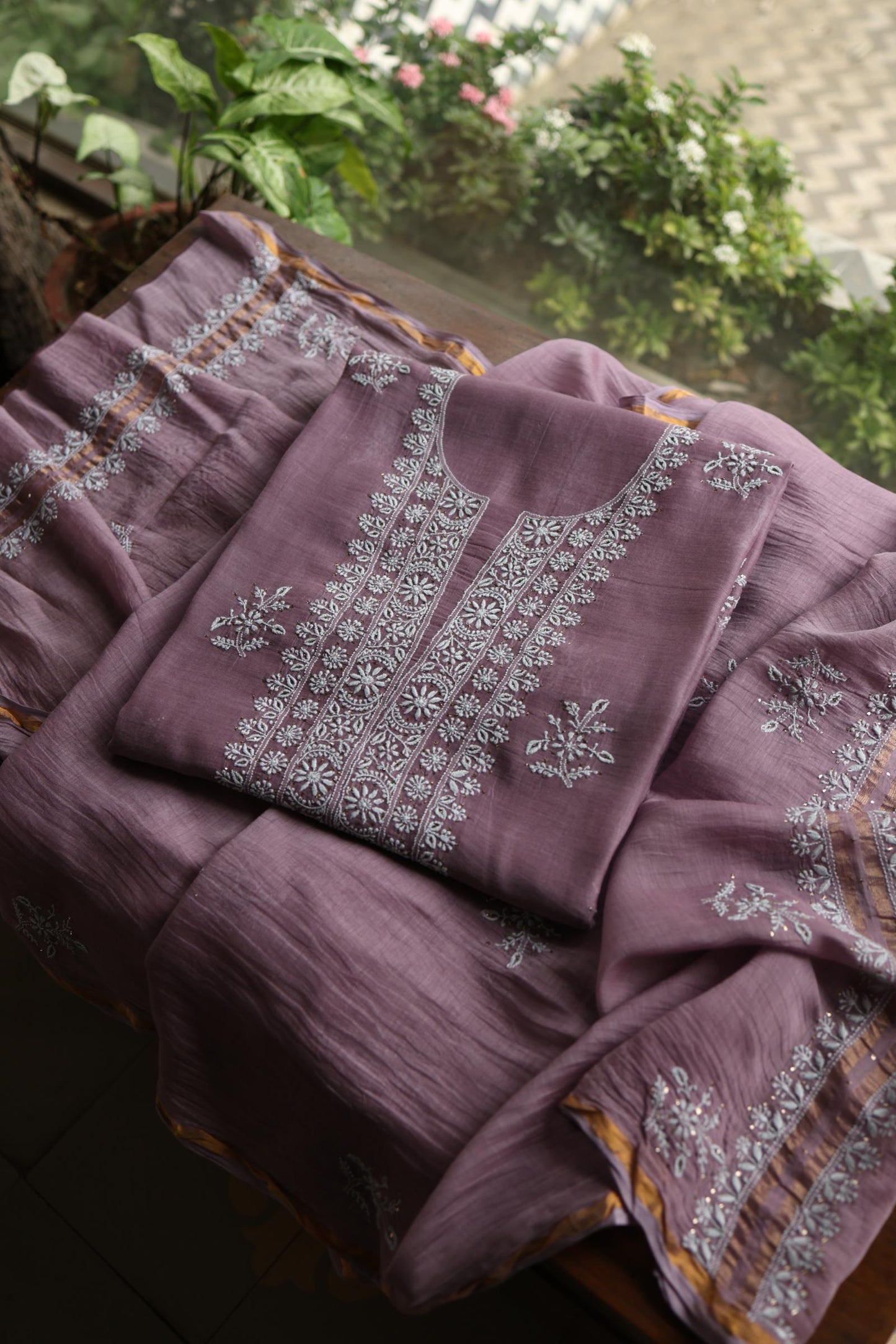 Purple Taupe Mal Cotton Chikankari Unstitched Fabrics With Kamdani