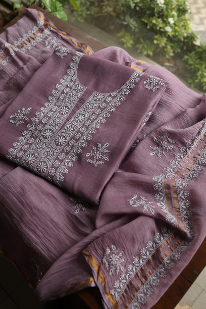 Purple Taupe Mal Cotton Chikankari Unstitched Fabrics With Kamdani
