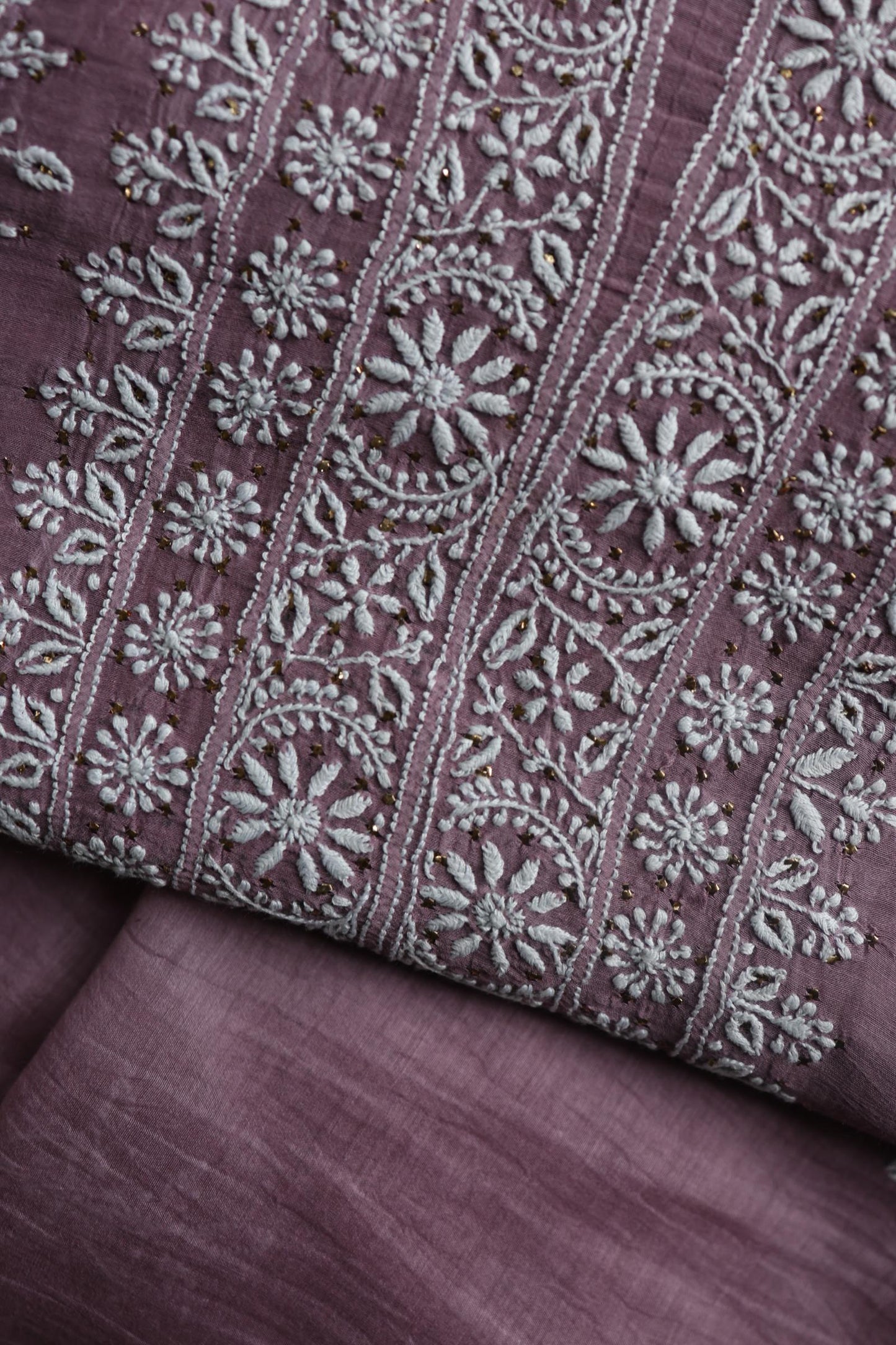 Purple Taupe Mal Cotton Chikankari Unstitched Fabrics With Kamdani