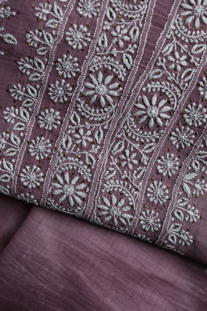 Purple Taupe Mal Cotton Chikankari Unstitched Fabrics With Kamdani