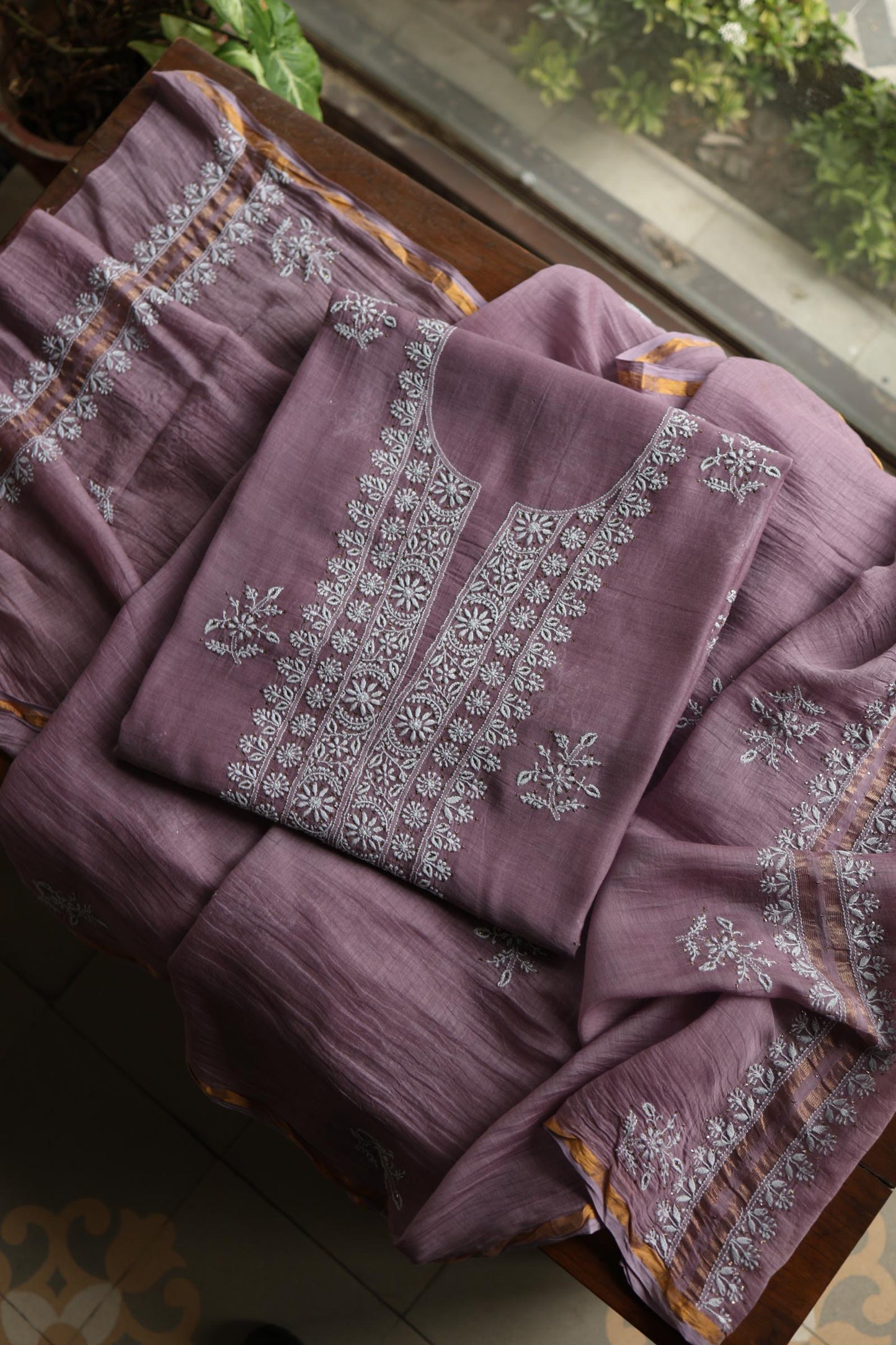 Purple Taupe Mal Cotton Chikankari Unstitched Fabrics With Kamdani