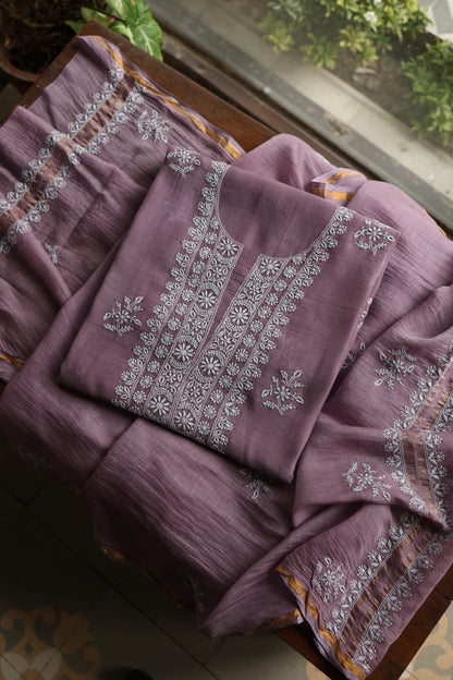 Purple Taupe Mal Cotton Chikankari Unstitched Fabrics With Kamdani