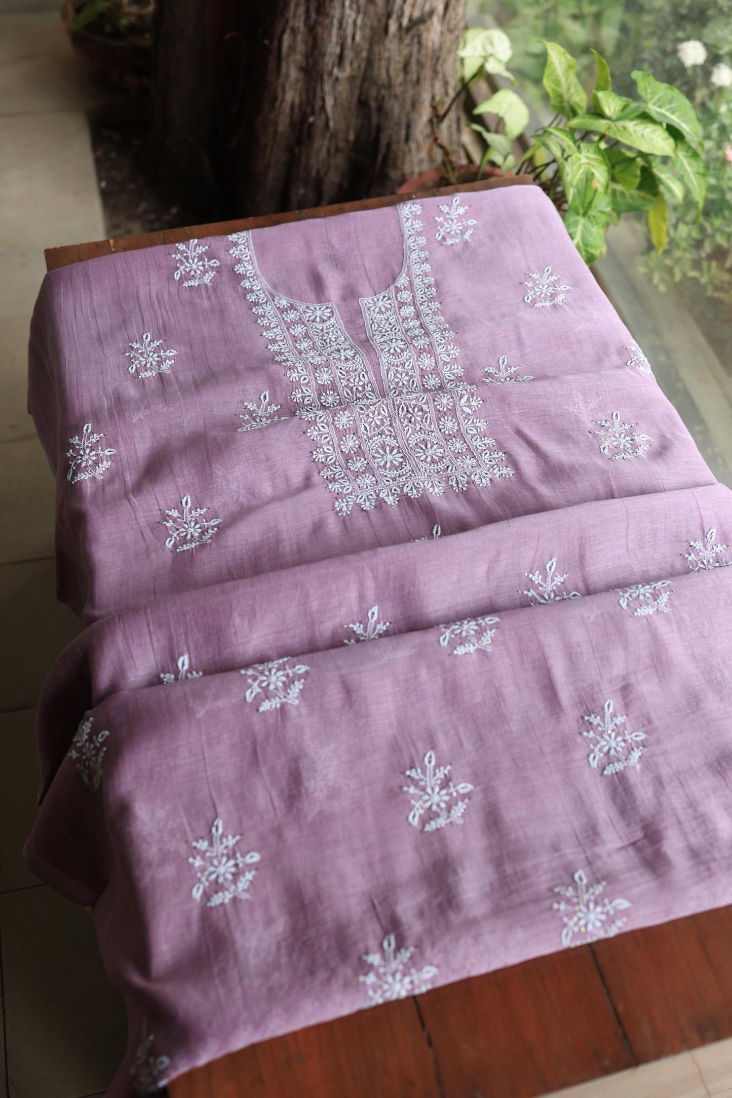 Purple Taupe Mal Cotton Chikankari Unstitched Fabrics With Kamdani