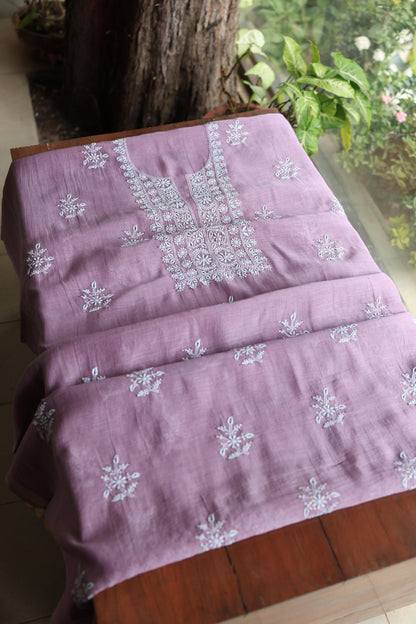 Purple Taupe Mal Cotton Chikankari Unstitched Fabrics With Kamdani