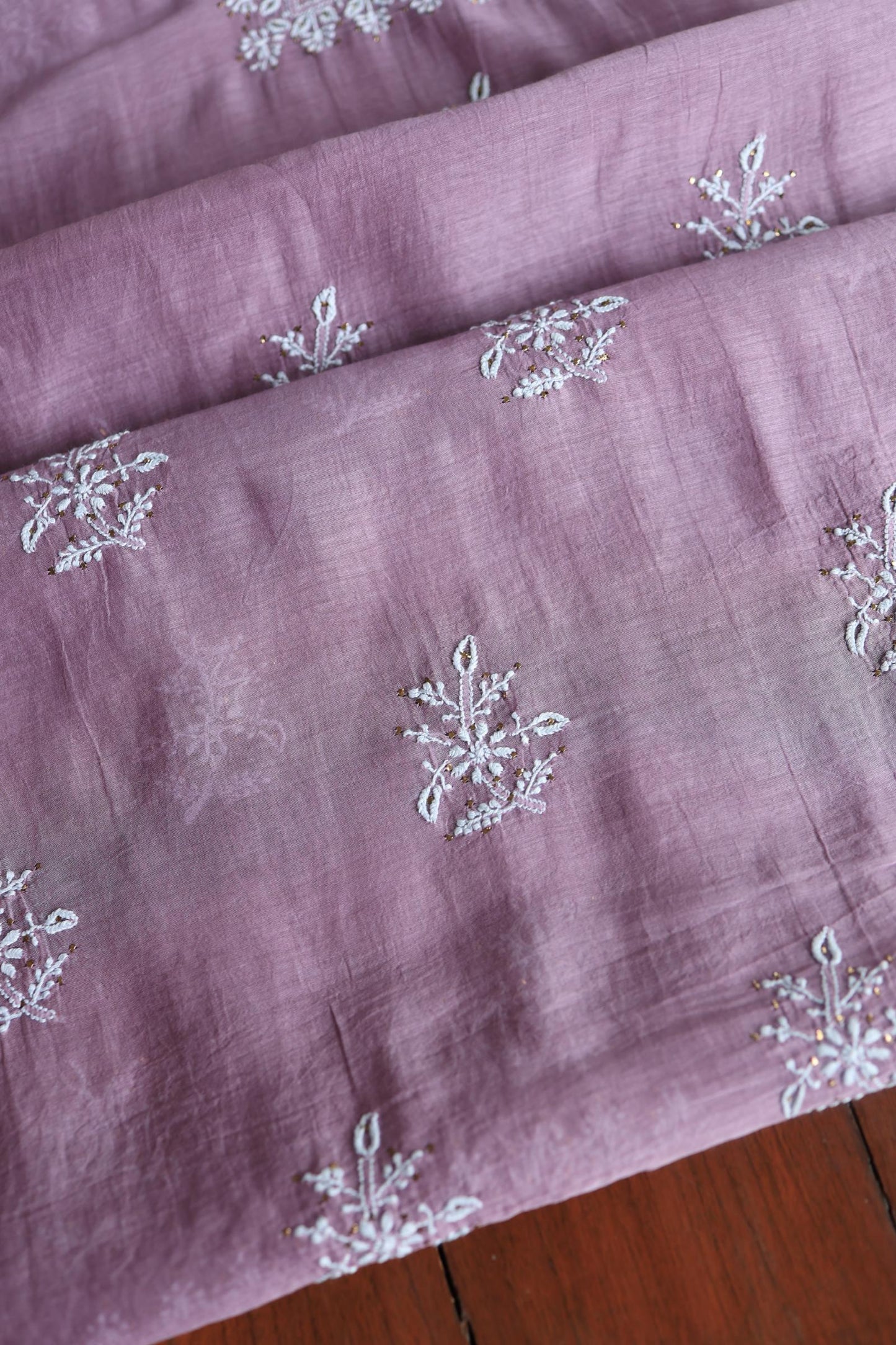 Purple Taupe Mal Cotton Chikankari Unstitched Fabrics With Kamdani