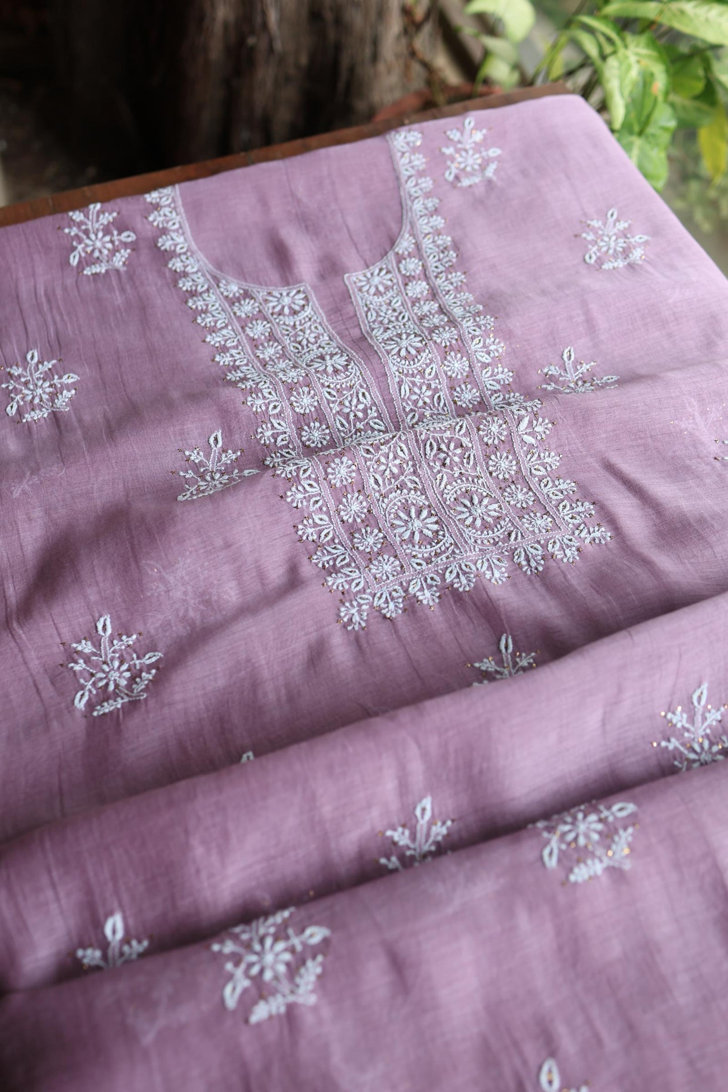Purple Taupe Mal Cotton Chikankari Unstitched Fabrics With Kamdani