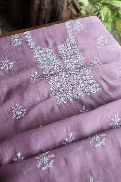 Purple Taupe Mal Cotton Chikankari Unstitched Fabrics With Kamdani
