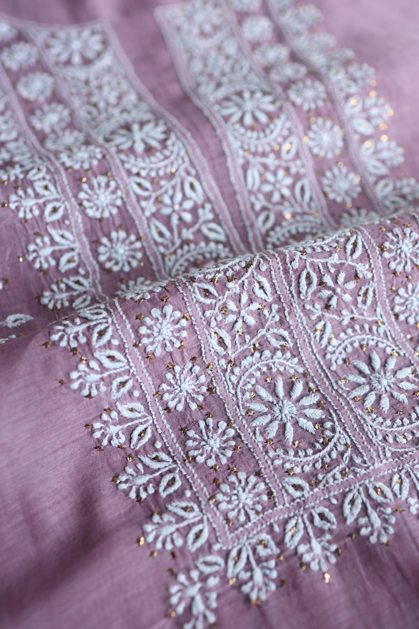Purple Taupe Mal Cotton Chikankari Unstitched Fabrics With Kamdani