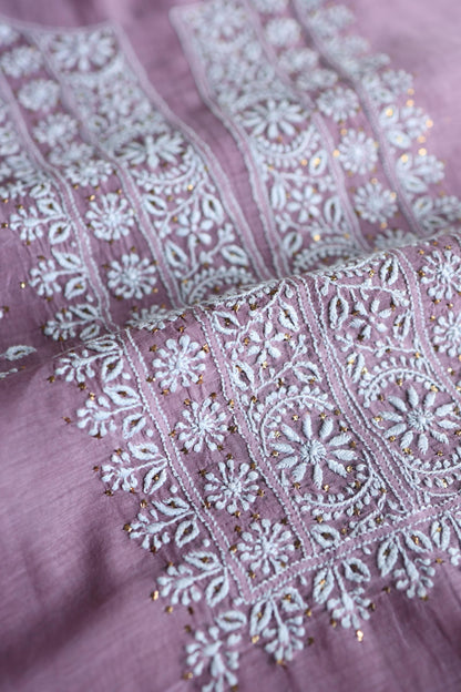 Purple Taupe Mal Cotton Chikankari Unstitched Fabrics With Kamdani