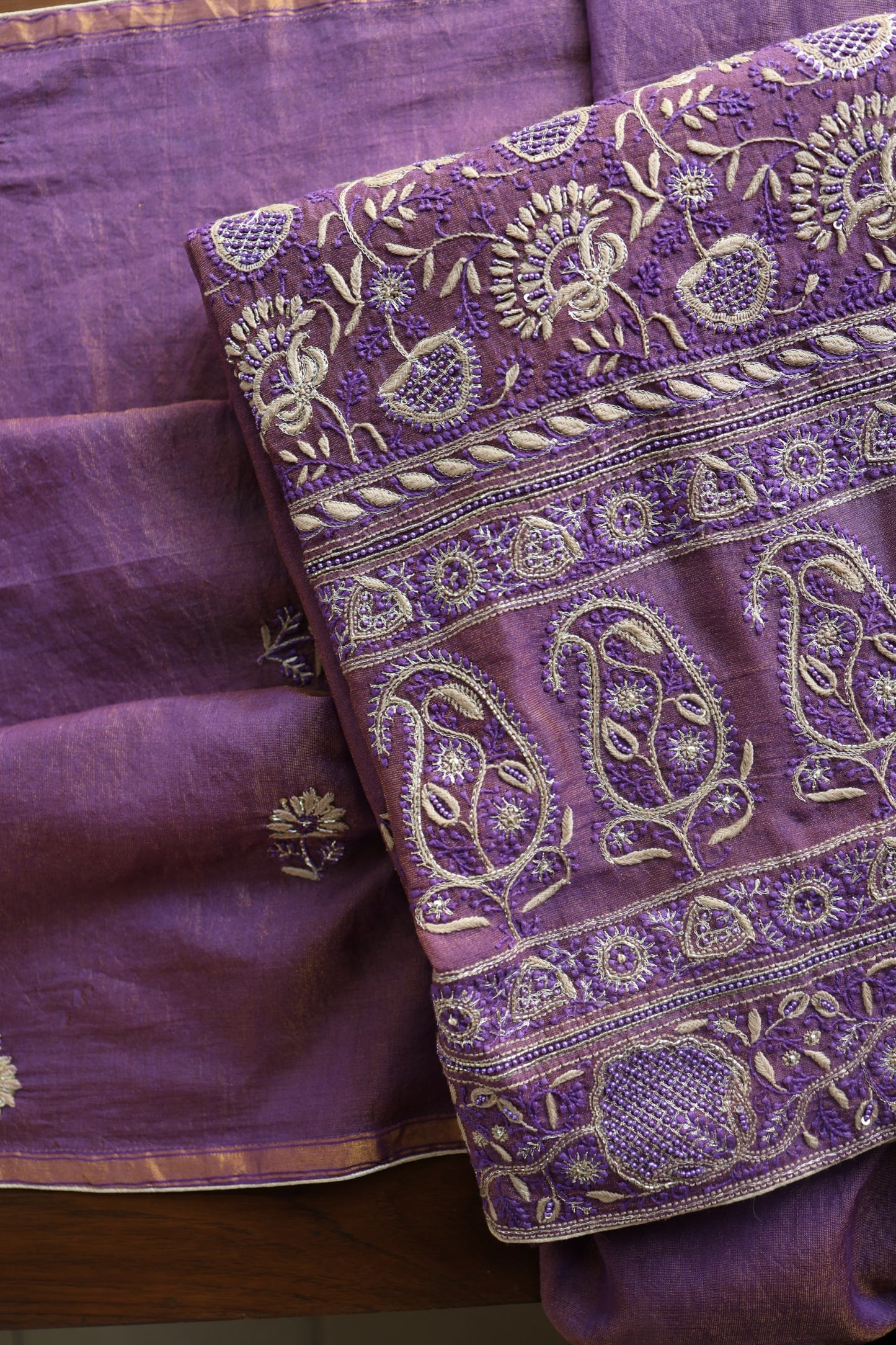 Purple Taupe Roheen Tissue Silk Chikankari Unstitched Fabric