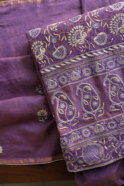 Purple Taupe Roheen Tissue Silk Chikankari Unstitched Fabric