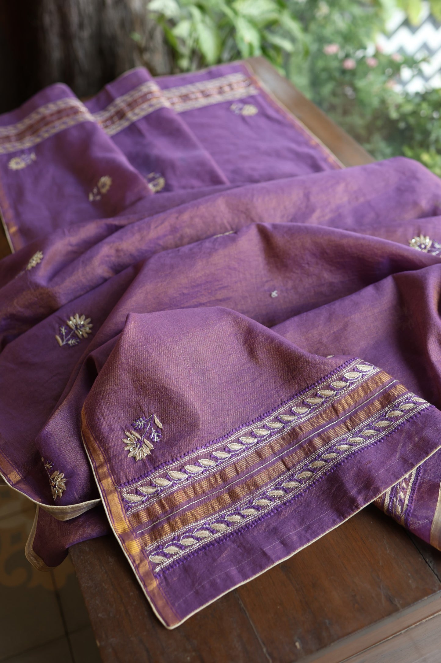 Purple Taupe Roheen Tissue Silk Chikankari Unstitched Fabric