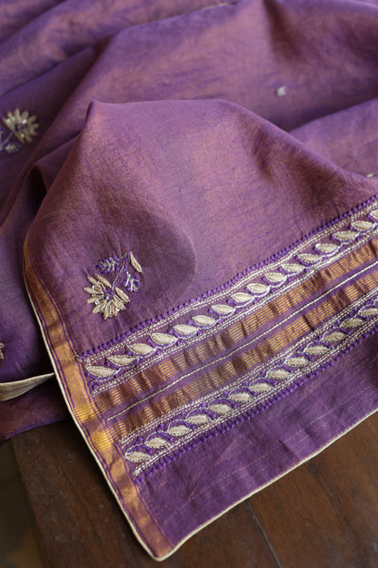 Purple Taupe Roheen Tissue Silk Chikankari Unstitched Fabric