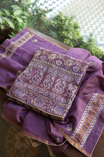 Purple Taupe Roheen Tissue Silk Chikankari Unstitched Fabric