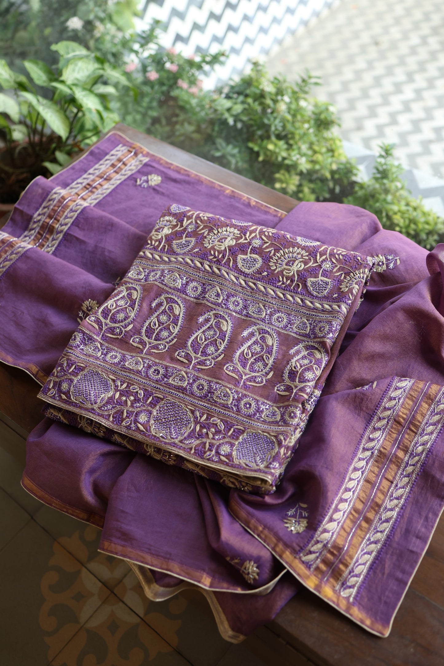 Purple Taupe Roheen Tissue Silk Chikankari Unstitched Fabric