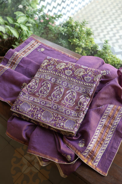 Purple Taupe Roheen Tissue Silk Chikankari Unstitched Fabric