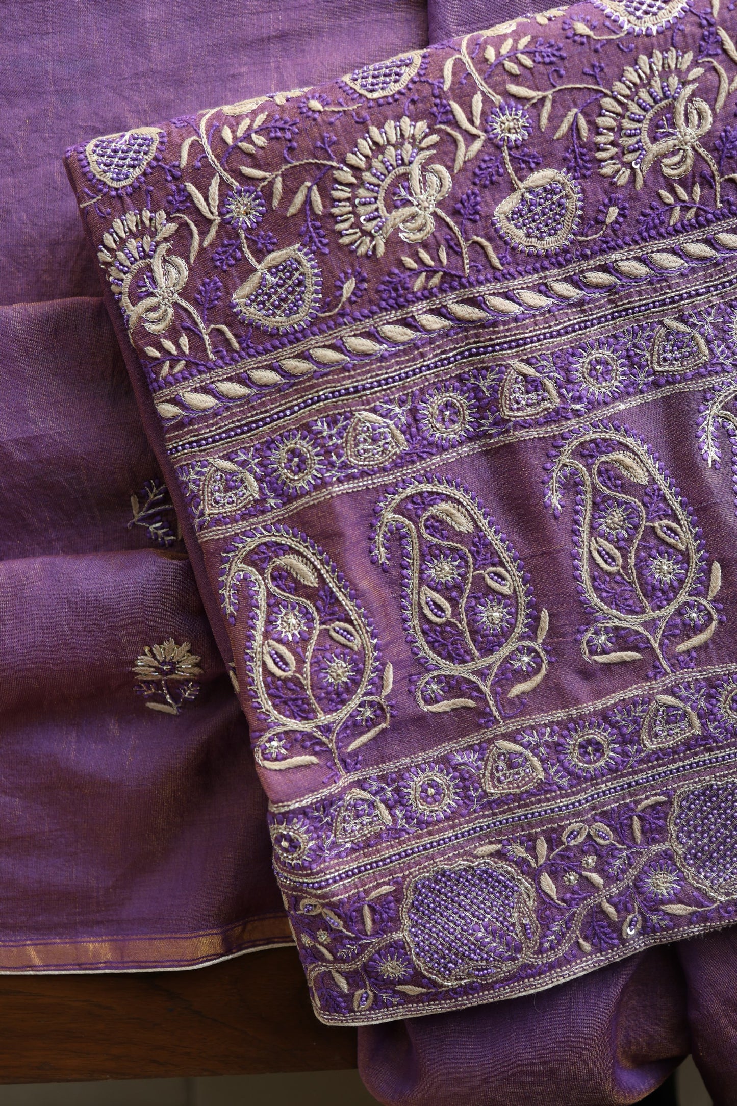 Purple Taupe Roheen Tissue Silk Chikankari Unstitched Fabric