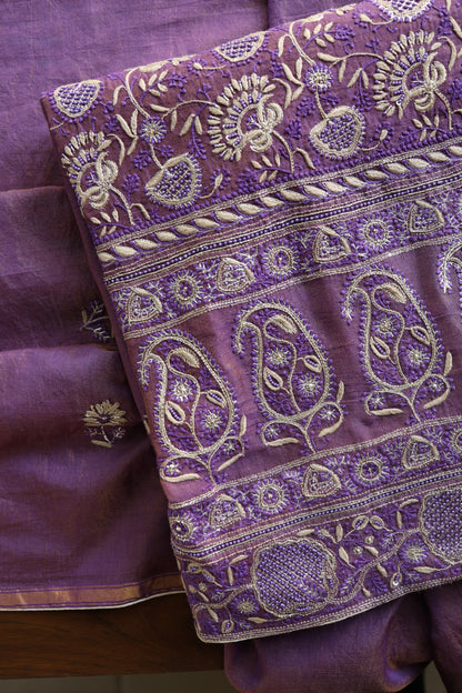 Purple Taupe Roheen Tissue Silk Chikankari Unstitched Fabric
