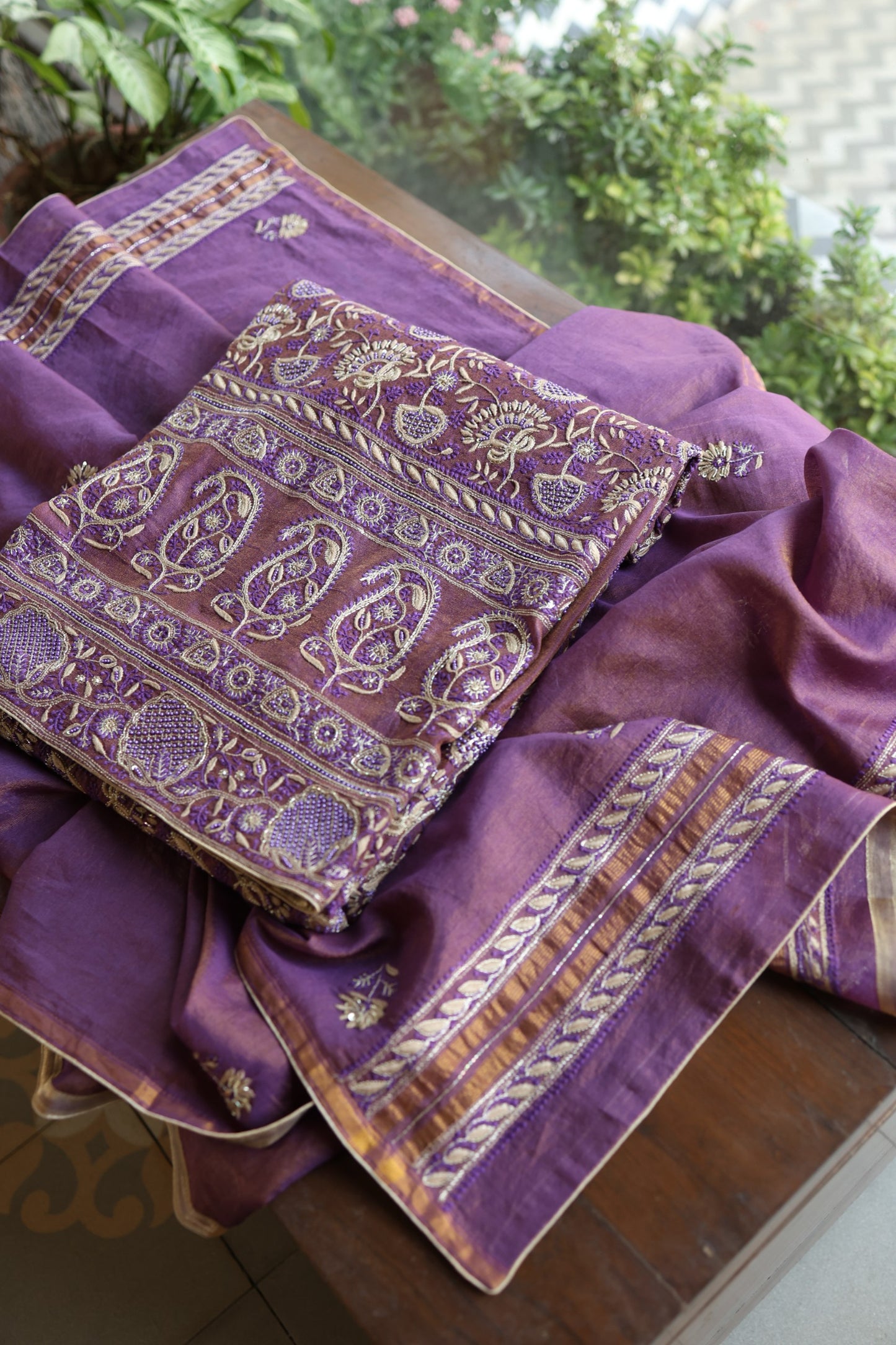 Purple Taupe Roheen Tissue Silk Chikankari Unstitched Fabric