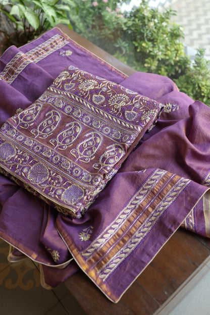 Purple Taupe Roheen Tissue Silk Chikankari Unstitched Fabric