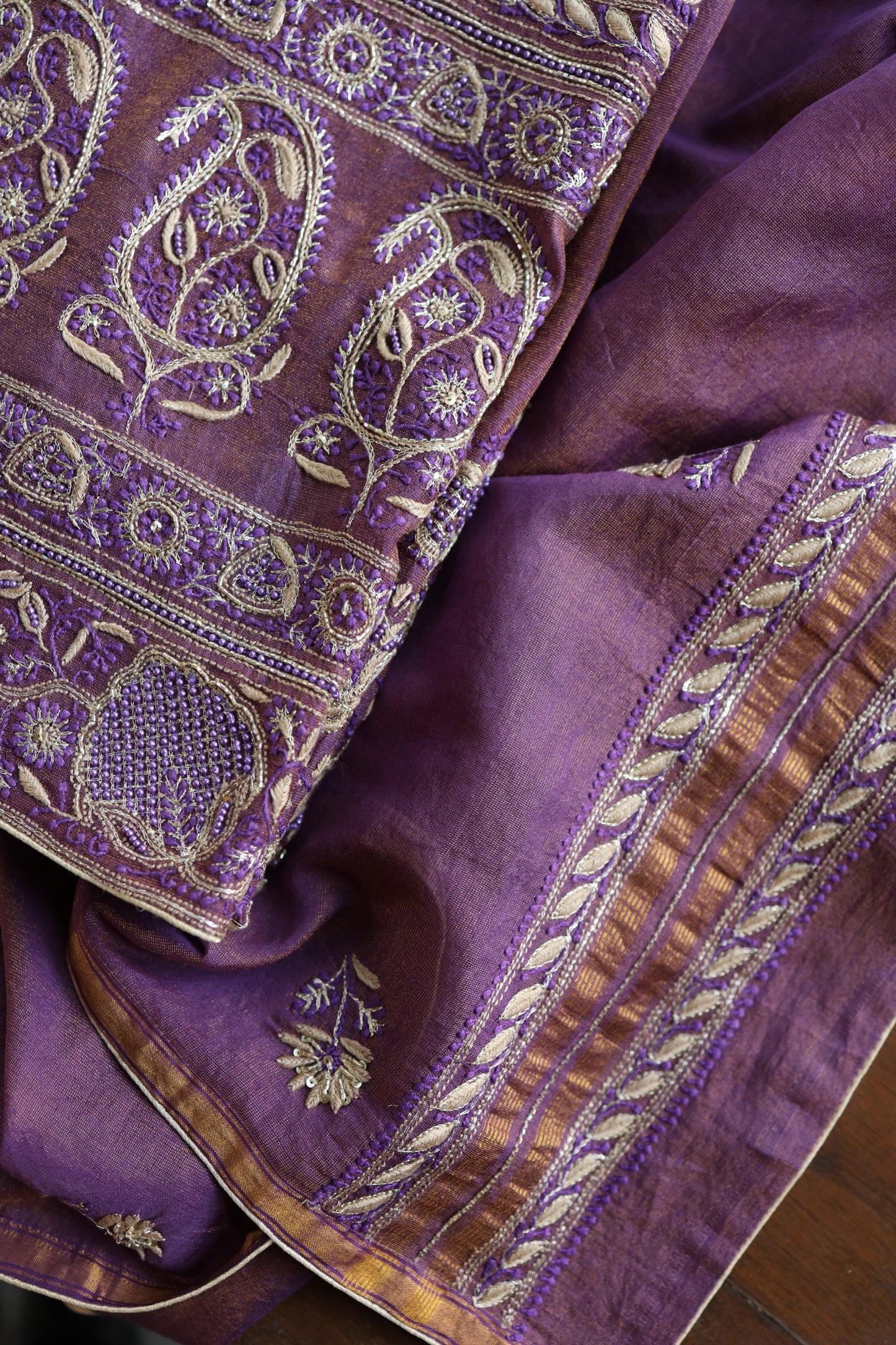 Purple Taupe Roheen Tissue Silk Chikankari Unstitched Fabric