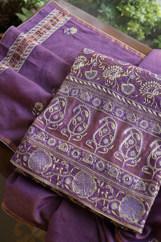 Purple Taupe Roheen Tissue Silk Chikankari Unstitched Fabric