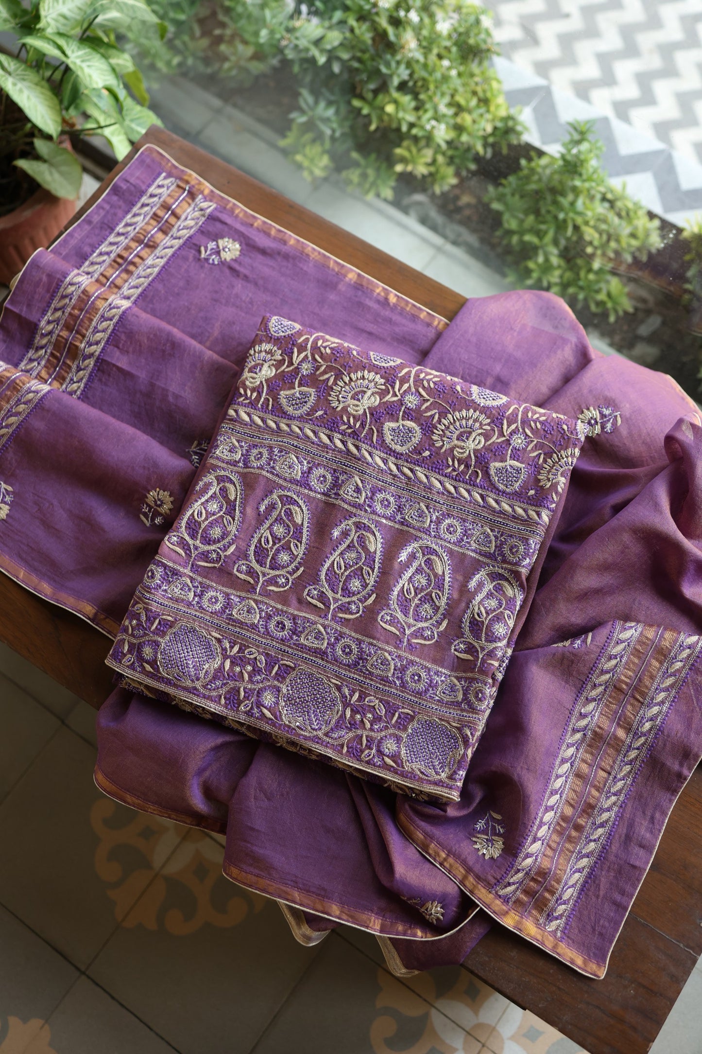Purple Taupe Roheen Tissue Silk Chikankari Unstitched Fabric