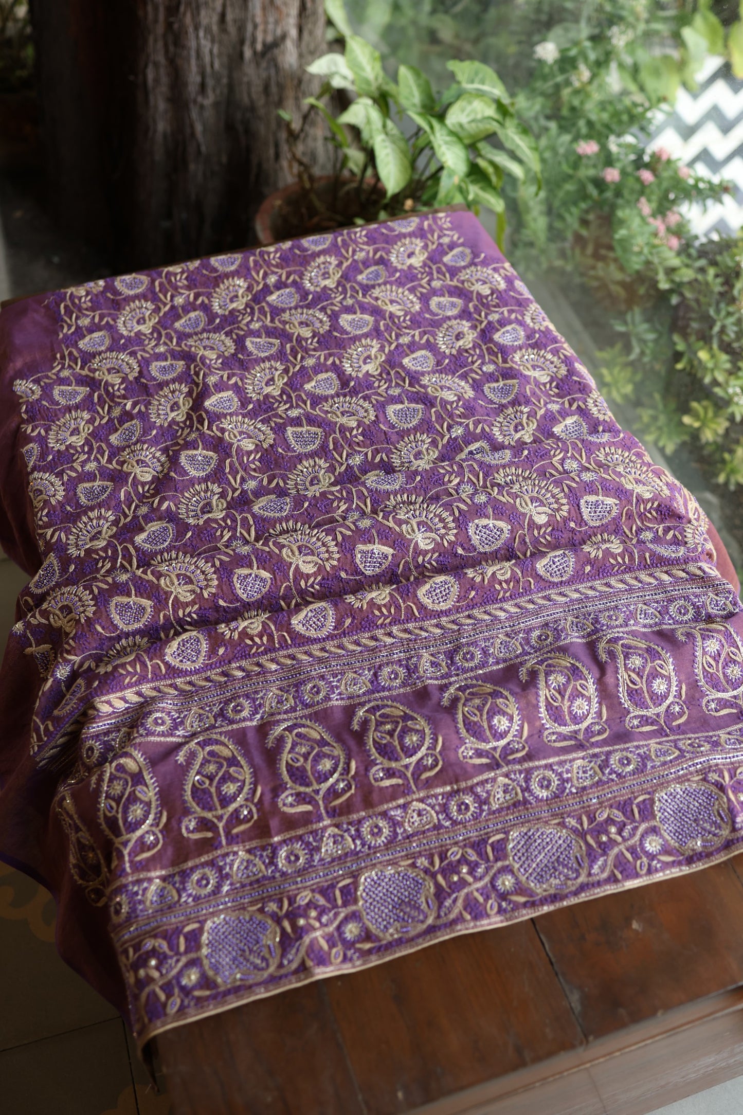 Purple Taupe Roheen Tissue Silk Chikankari Unstitched Fabric