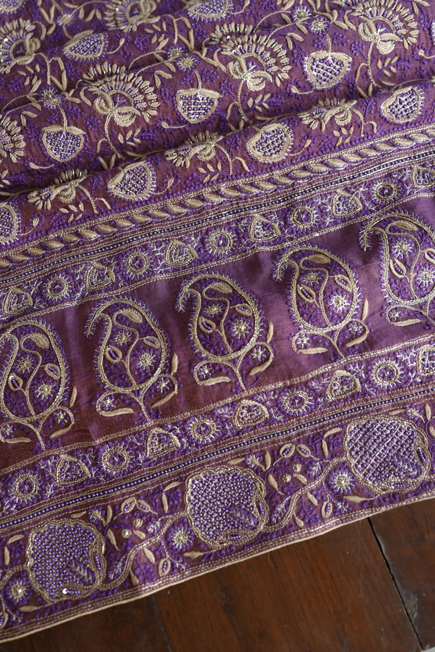 Purple Taupe Roheen Tissue Silk Chikankari Unstitched Fabric