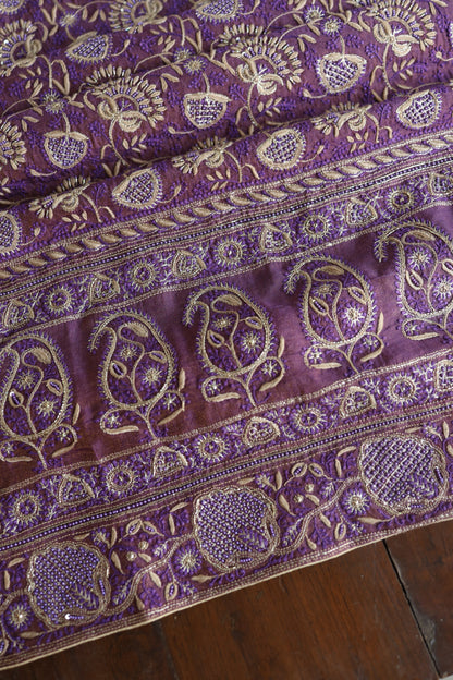 Purple Taupe Roheen Tissue Silk Chikankari Unstitched Fabric