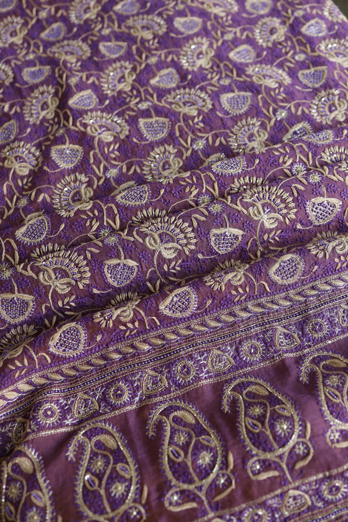 Purple Taupe Roheen Tissue Silk Chikankari Unstitched Fabric