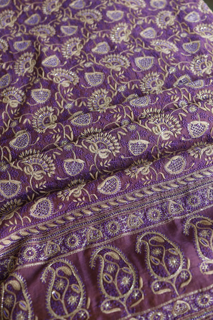 Purple Taupe Roheen Tissue Silk Chikankari Unstitched Fabric