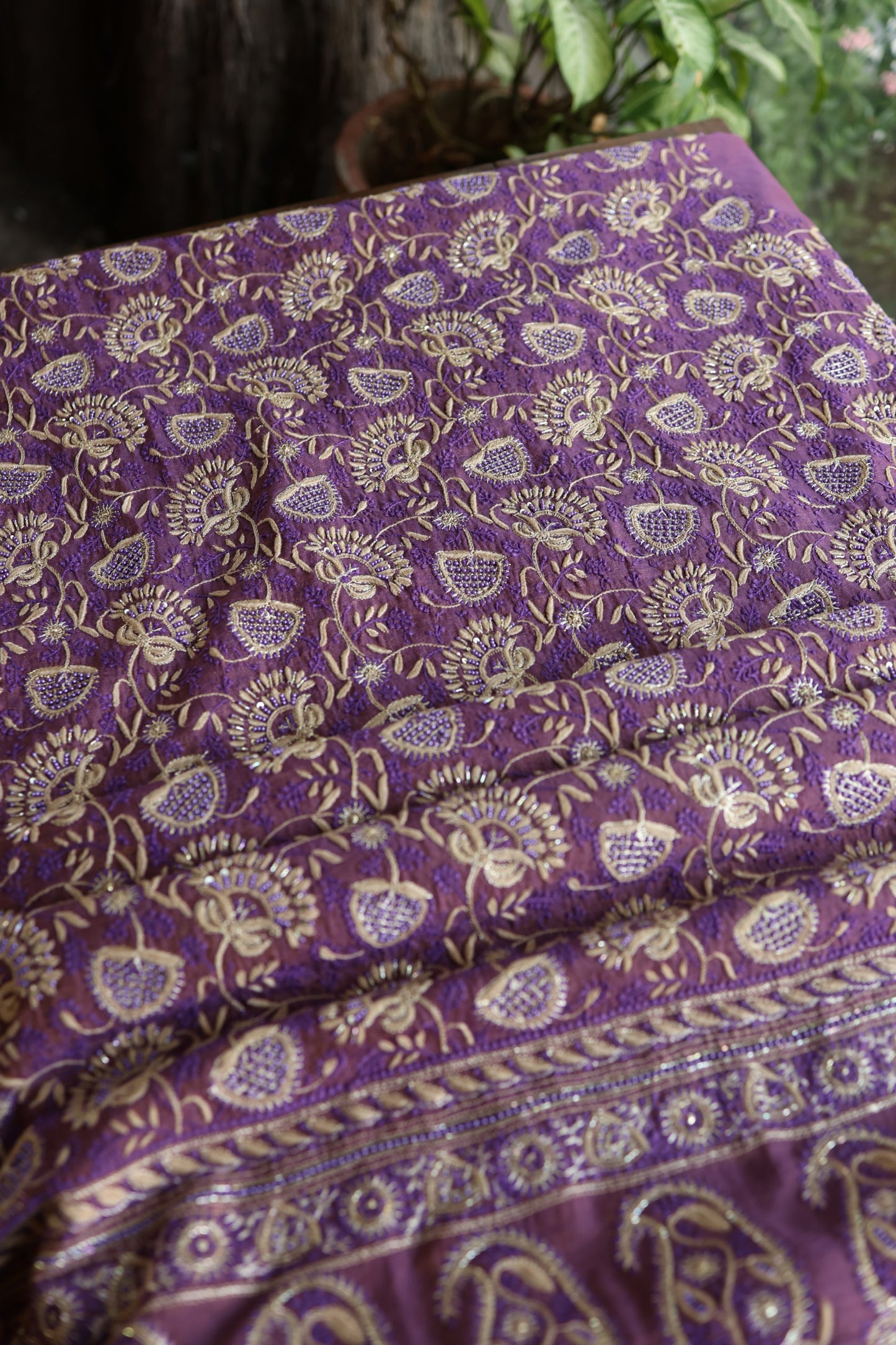 Purple Taupe Roheen Tissue Silk Chikankari Unstitched Fabric