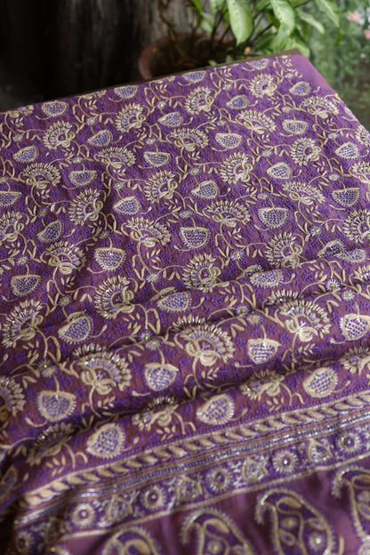 Purple Taupe Roheen Tissue Silk Chikankari Unstitched Fabric