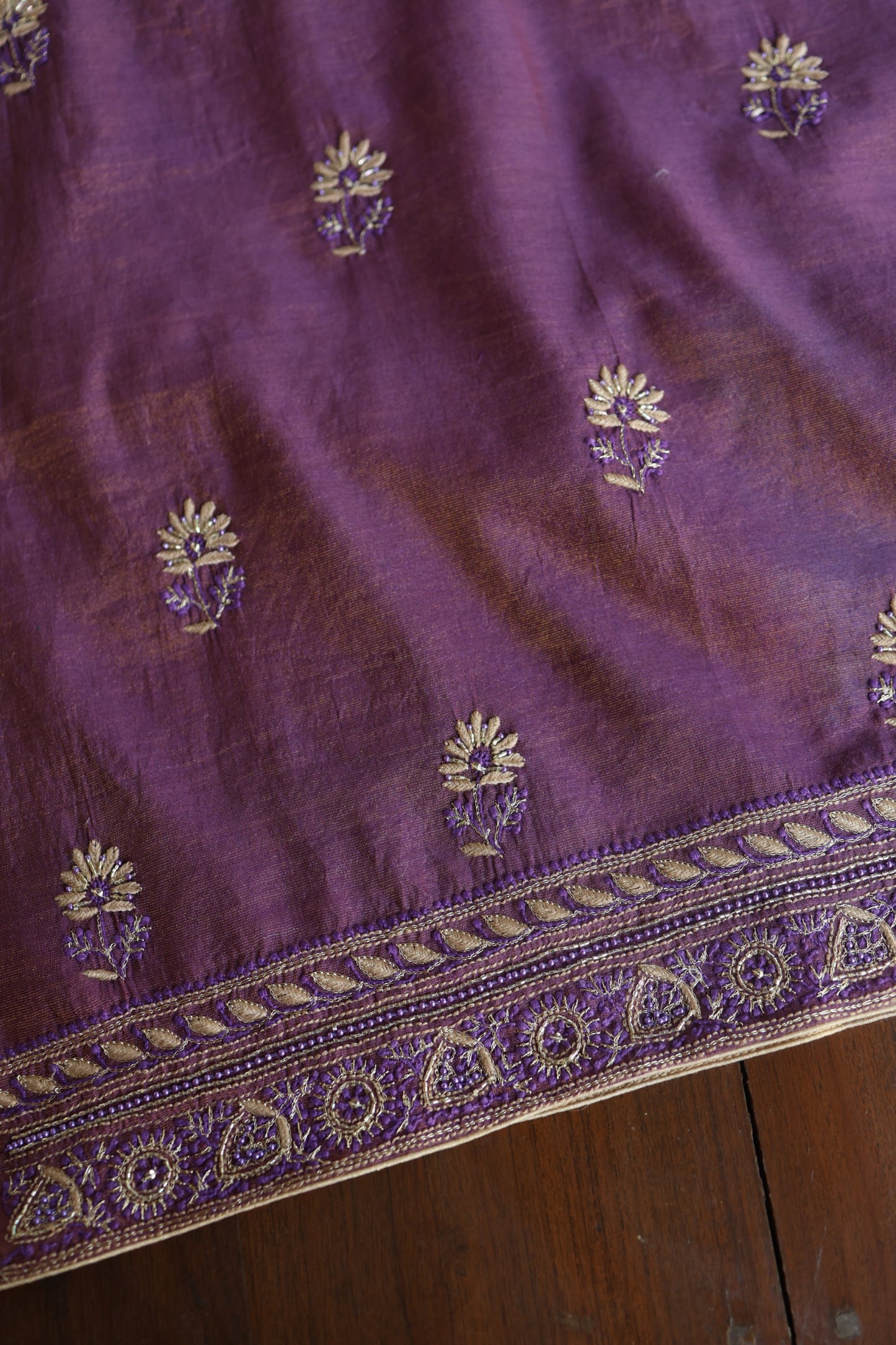 Purple Taupe Roheen Tissue Silk Chikankari Unstitched Fabric