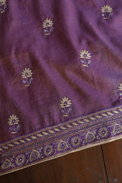 Purple Taupe Roheen Tissue Silk Chikankari Unstitched Fabric