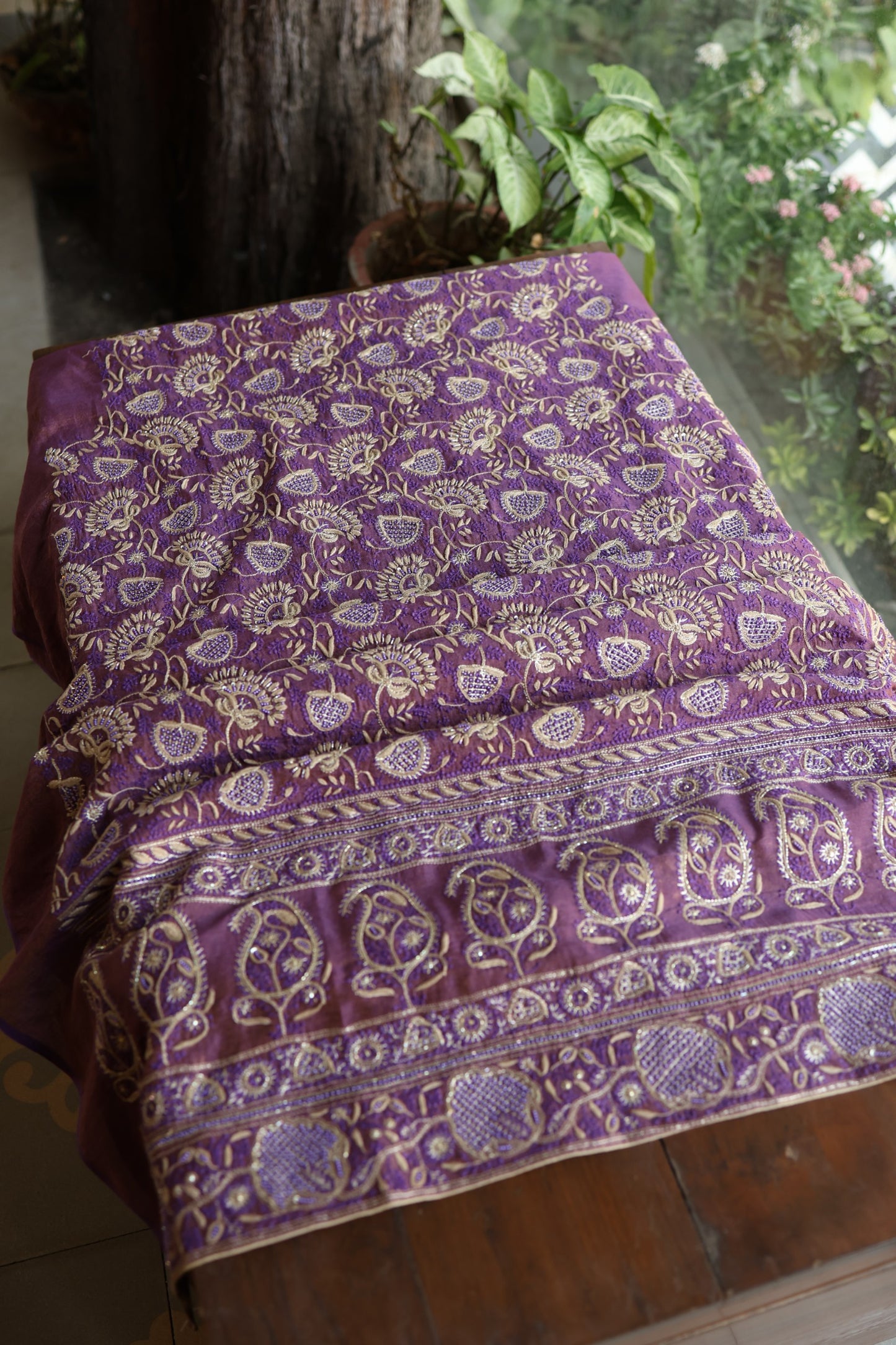 Purple Taupe Roheen Tissue Silk Chikankari Unstitched Fabric