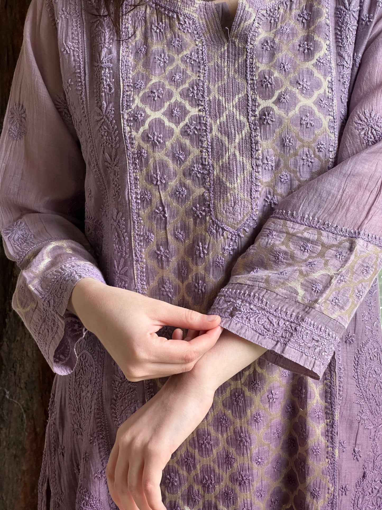 Purple Zari Chanderi Chikankari A Line Kurta with Slip